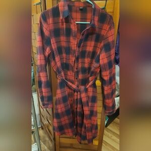Shein Flannel Plaid Waist Tie Button Up Dress